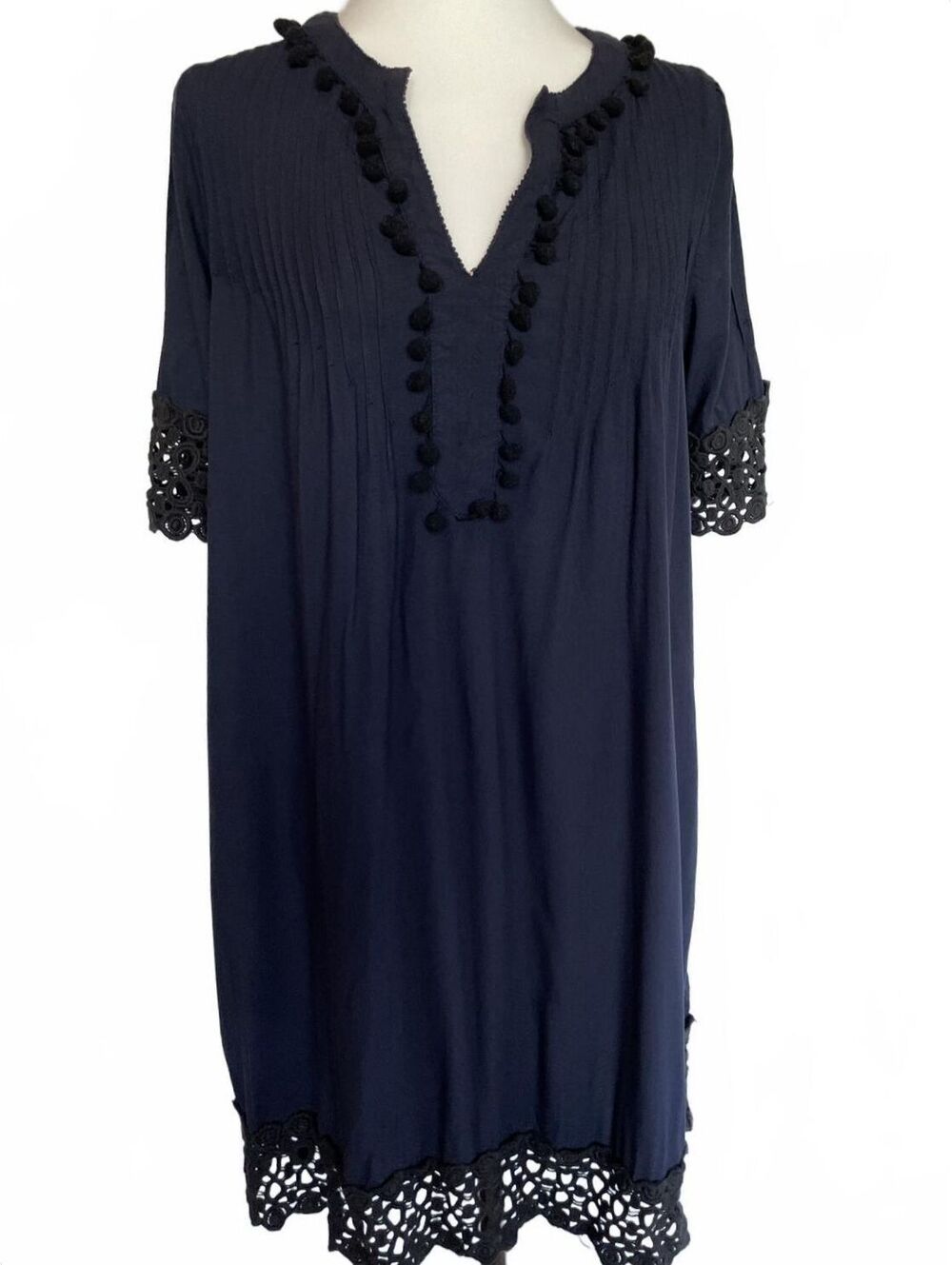 Hinge Navy Tunic Dress XS Pom Pom Trim Crochet Lace Hem Boho Shift Mini